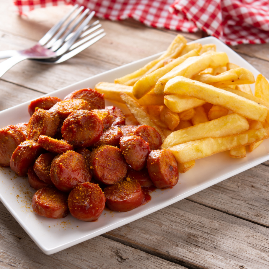 Kleine Stücke von Bratwurst mit Currysauce und Pommes frites auf einem weißen Teller.
